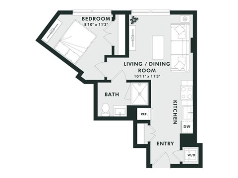 A black and white image of a floor plan for a home with a bedroom, living/dining room, kitchen, and bathroom.